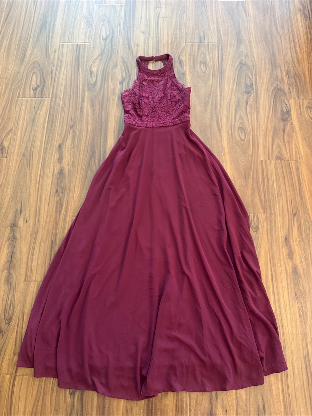 Lulus Halter Lace Bodice Maxi Dress in Wine